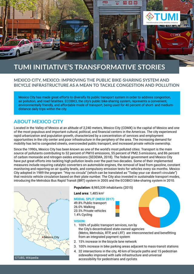 Mexico City, Mexico: Improving the public bike-sharing system and bicycle infrastructure as a mean to tackle congestion and pollution.
